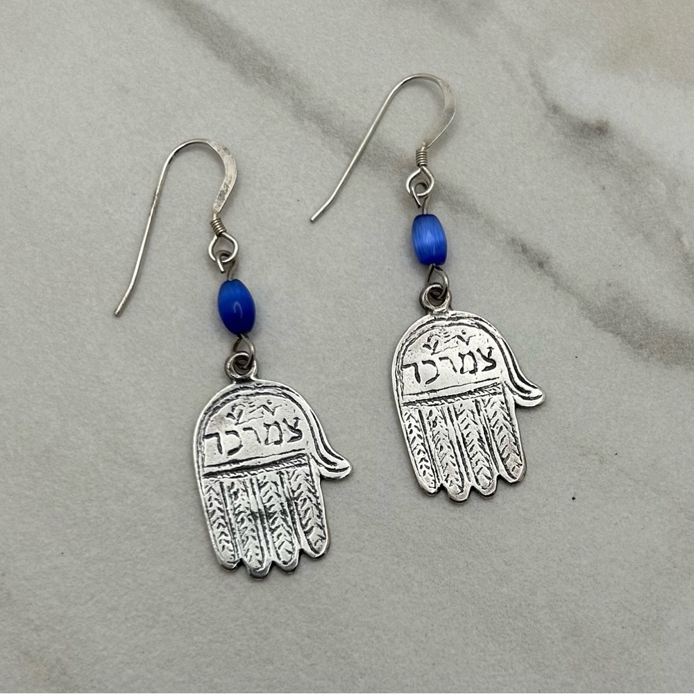 Sterling Silver Hamsa Hand Earrings with Blue Beads marked Trades